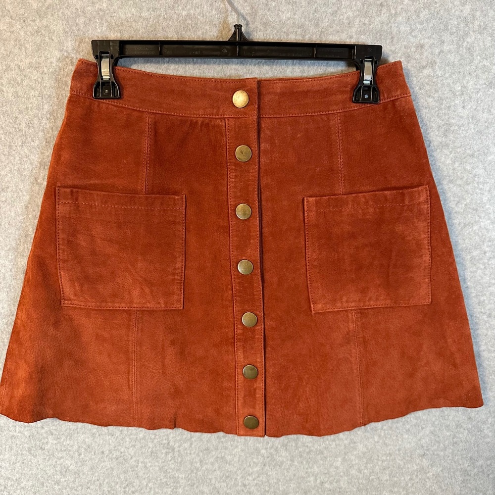 Tobi Mini Skirt Womens M Rust Orange Suede Leather Button Front A-Line Pockets